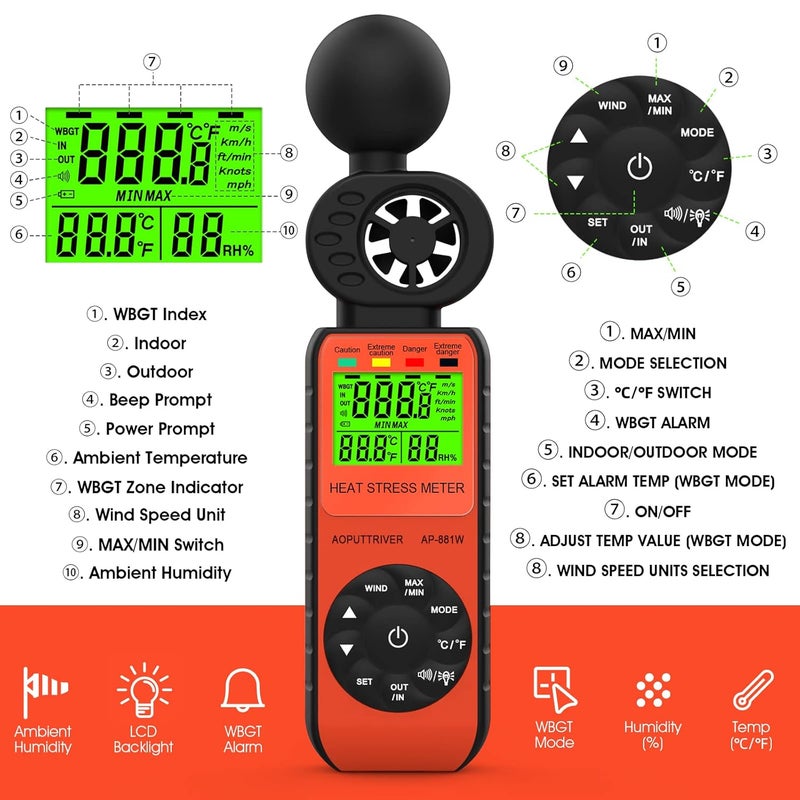 AOPUTTRIVER Heat Stress Meter Anemometer, Wet Bulb Globe Heat Stress Meter LCD Display WBGT Alarms Monitoring for Indoor & Outdoor Use-Temperature Humidity Meter Orange - Image 3
